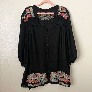 Johnny Was Top Womens 2X Black Colorful Floral Embroidered Tunic Pockets Boho